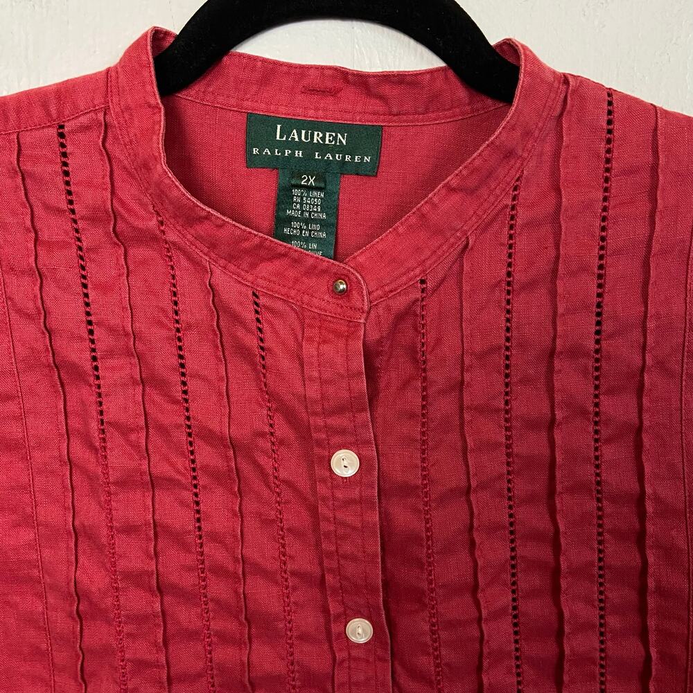 Ralph Lauren Women's 100% Linen Red Pintuck Mandarin Collar Blouse Top Size 2X - Picture 4 of 12